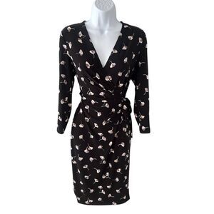 Anne Klein Women's Black Floral Faux Wrap Dress Size S Knee Length